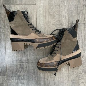 Louis Vuitton Brown Suede & Monogram Combat Moto Boots
